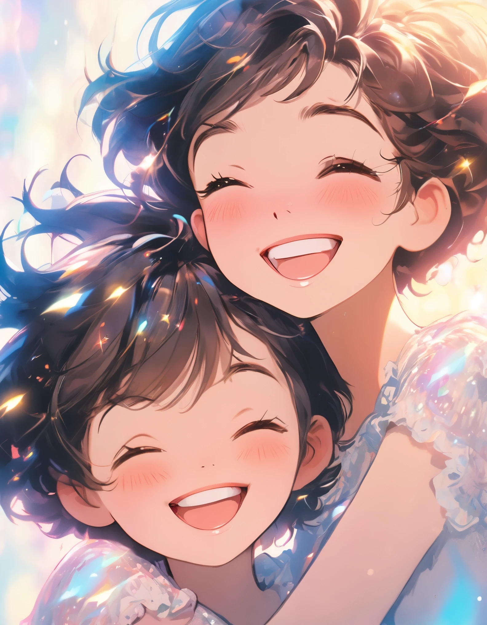best quality, super fine, 16k, framed portraits, two women, smiling shyly, cute, beautiful, (medium messy wavy hair) and (short pixie cut), photos of happy smiles, sparkling and dreamy photo soft effects
