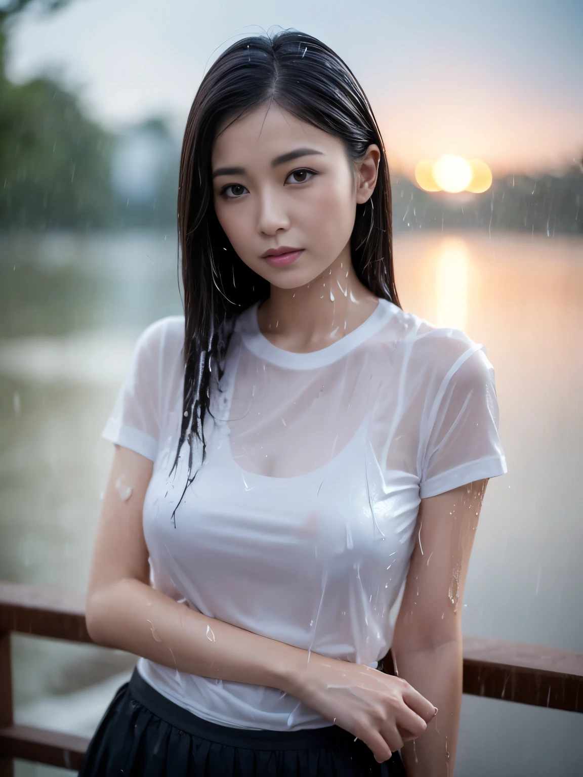 Beautiful Japan woman in her 40s, (My whole body is soaked:1.3), [(see through t-shirt):red bra behind the t-shirt:0.8], Realistic, Realistic, Realistic body shape, Very detailed, highest quality, 8k, Sharp focus, High resolution, Ideal ratio, Kind eyes, High nose, Hot lips, light makeup, detailed face, skirt, (rain in background:1.2), Sad expression, half body shot