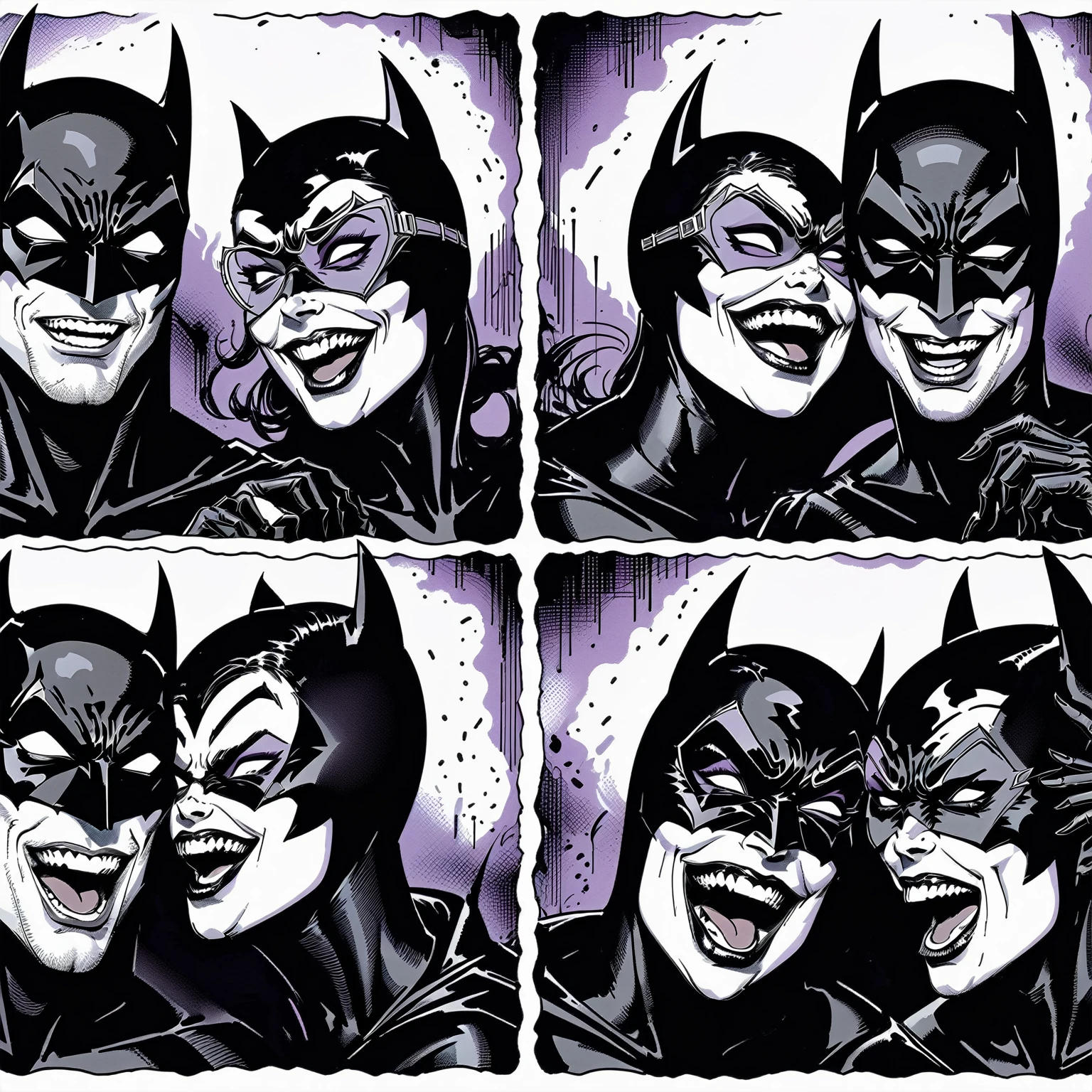 thermal iridescence effect, roygbiv vibrant neon color hues, joelle jones blended with sean gordon murphy style reference, hand drawn expressive bold ink line illustration, couple portrait, photo booth photo strip, four photo panels, duo couple Batman and Catwoman making intentionally silly faces trying to make each other laugh, containing laughter, silly, hilarious, strange, hyper maximal, intense, absurd