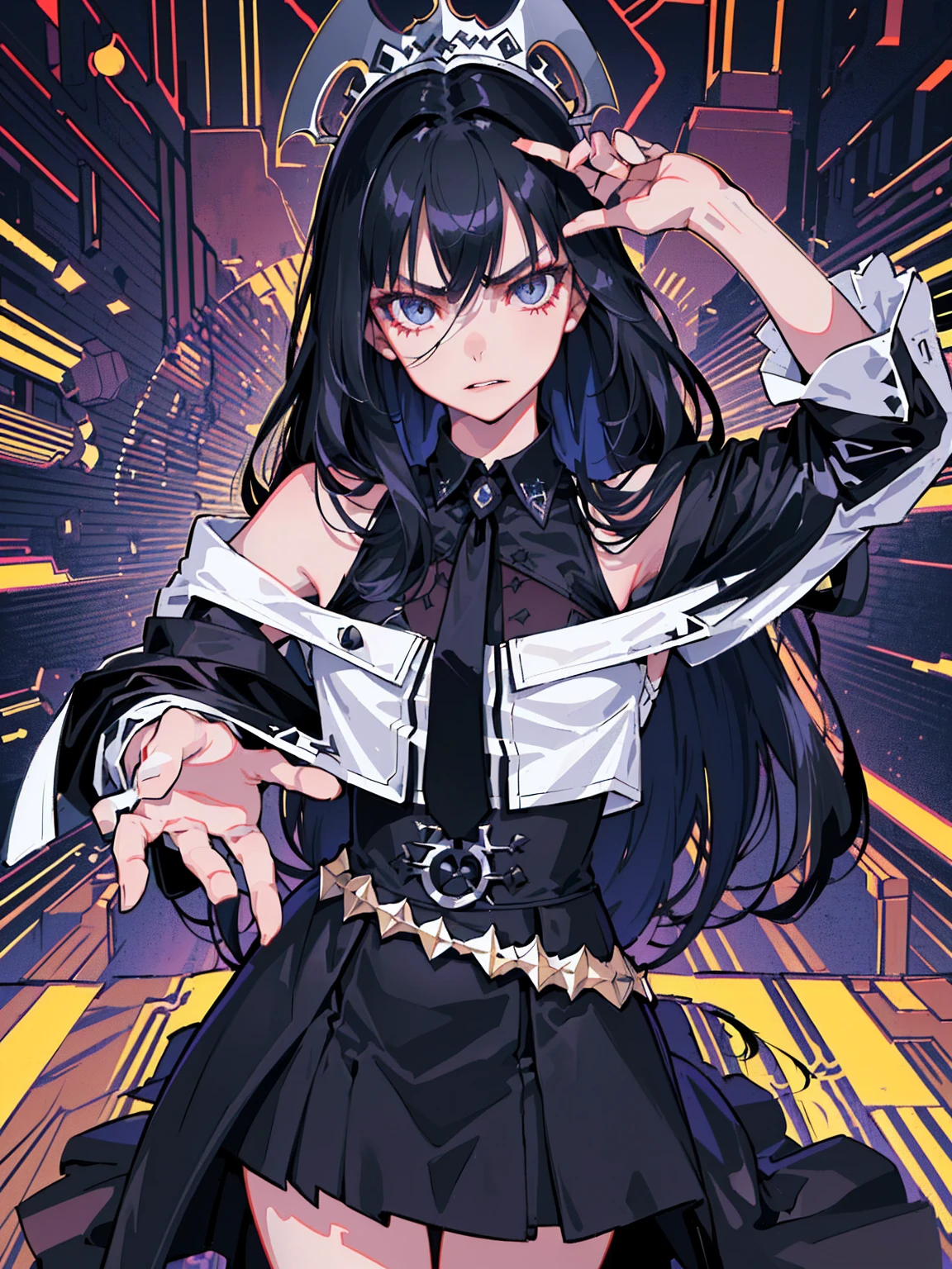 ((Tabletop, highest quality)), (One Girl), (alone), (Focus on women), (((Navy long hair))), Iris, ((Senior High School Student，Cold Eyes，Serious expression，Powerful eyes:1.3， Detailed eye depiction, Dark Eyes)), ((Punkish Gothic, Black clothes, Black tie, face Focus)), Open your mouth wide, rage
