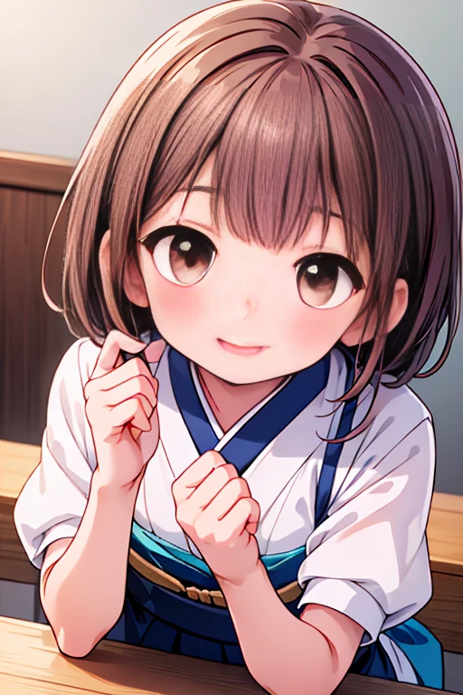 (((Face close-up))),(((A radiant smile))),Like the picture, Like the picture, Like the picture, (Tabletop,highest quality:1.4),(8k,RAW Photos,Like the picture:1.2), Detailed skin,Detailed face,A woman with short brown hair,24-years-old,Brown clear eyes, Anatomically perfect hands,Slightly chubby,Small breasts,The butt is small,,Japanese Idols,Cute Face,
