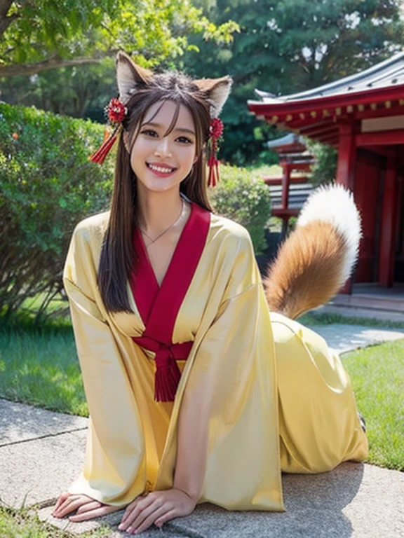 ((highest quality, 32k)), ((masterpiece)), (Familiar), Perfect Face, vixen, Pretty girl, Company Office, Has a tail, She has a northern fox tail., She stands up her fluffy tail, Dog collar, Beautiful hip line, Big Breasts, She is wearing a shrine maiden outfit., A big tail sticks out, smile, Climb on all fours, Nice body