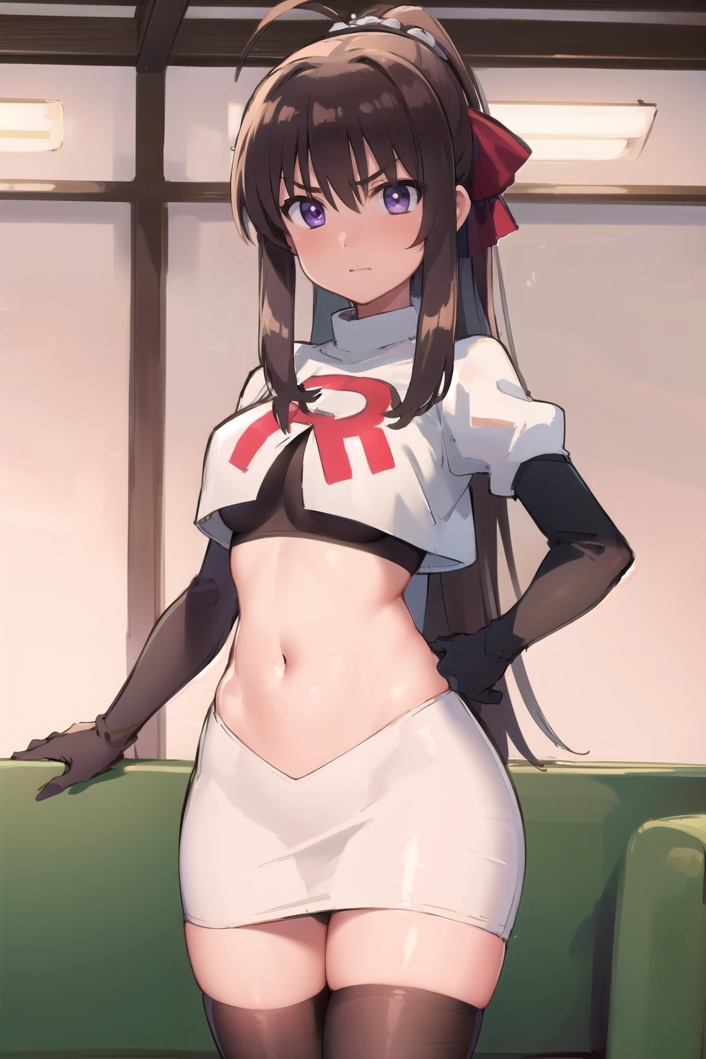 indoor, arena,
rinne_bj, 1girl, long hair, looking at viewer, breasts, purple eyes, ahoge, v-shaped eyebrows, medium breasts, ribbon, hair ribbon, very long hair, ponytail, bangs, hair between eye, team rocket,team rocket uniform,white skirt,red letter R,crop top,black thigh-highs,black elbow gloves