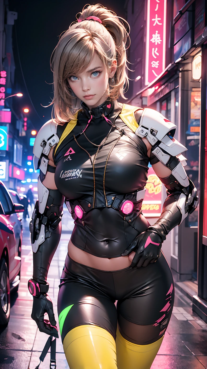 cute, woman, Sexy Face, Yellow Eyes, Gray Hair, The body is slim, Sexy pose, Pink tights, Mecha, Neon Signs, Leading the Night City, View from above, high quality, Realistic, Beautiful light, Full details, Black background