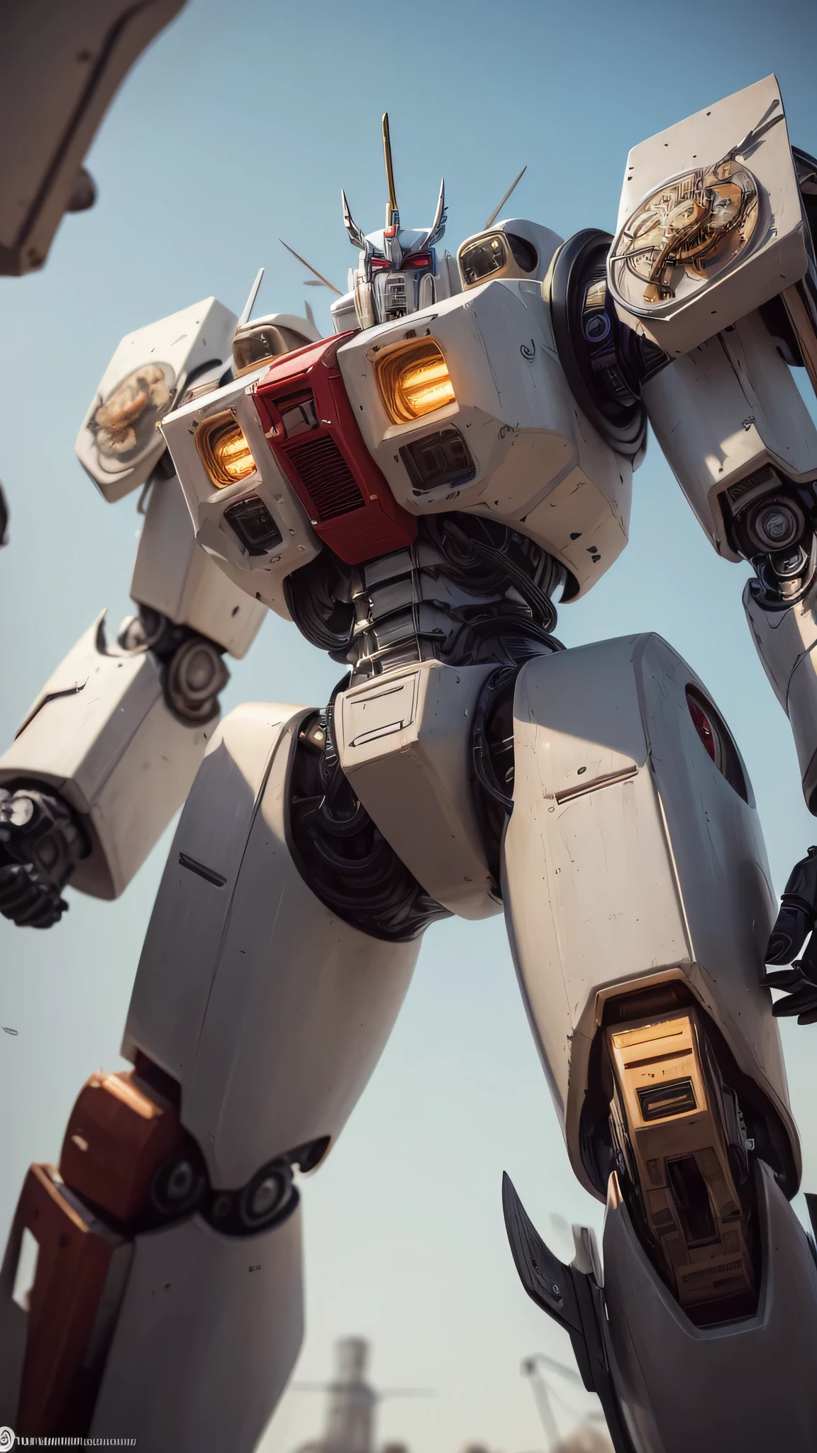((best quality: 1.5, masterpiece)), intricate details, soft focus, professional, real life, realistic representation of the face, dim volumetric lighting, dynamic pose, in the style of realistic and hyper detailed renderings BREAK (((2 characters, one cyberpunk steampunk girl, clockwork armor, perfectchainmail (ivory chrome armor:1.4, background red white mecha, mechanical robot, weapons, Warhammer Dreadnaught, from below, (steampunk Transformer))))), film grain, bokeh, black background, dark empty room, photorealistic, hyper-realistic, 8K