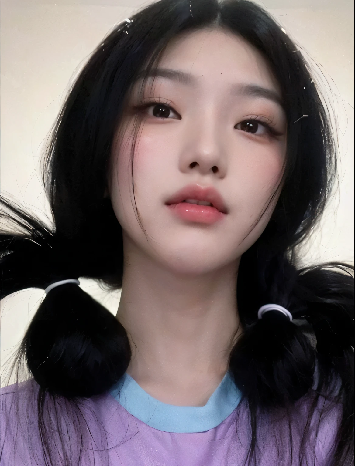 Torn Asian woman with long black hair and a purple shirt, Peinado de coletas, korean symmetrical face, pale korean adorable face, rasgos de la cara coreana, con coletas negras, ulzzang, Young cute pale asian face, two Peinado de coletas, muchacha coreana, Southeast Asian with round face, con mejillas redondas, joven y adorable rostro coreano