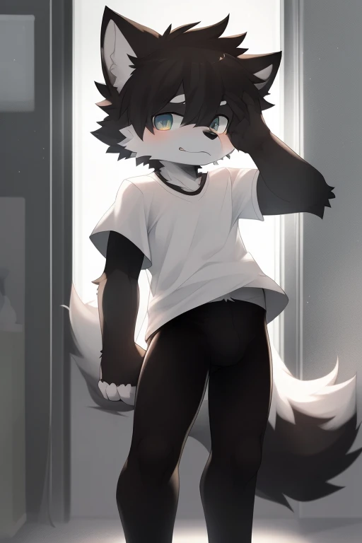 Furry wolf,((Shota)), black spandex tights, white shirt, solo, standing 