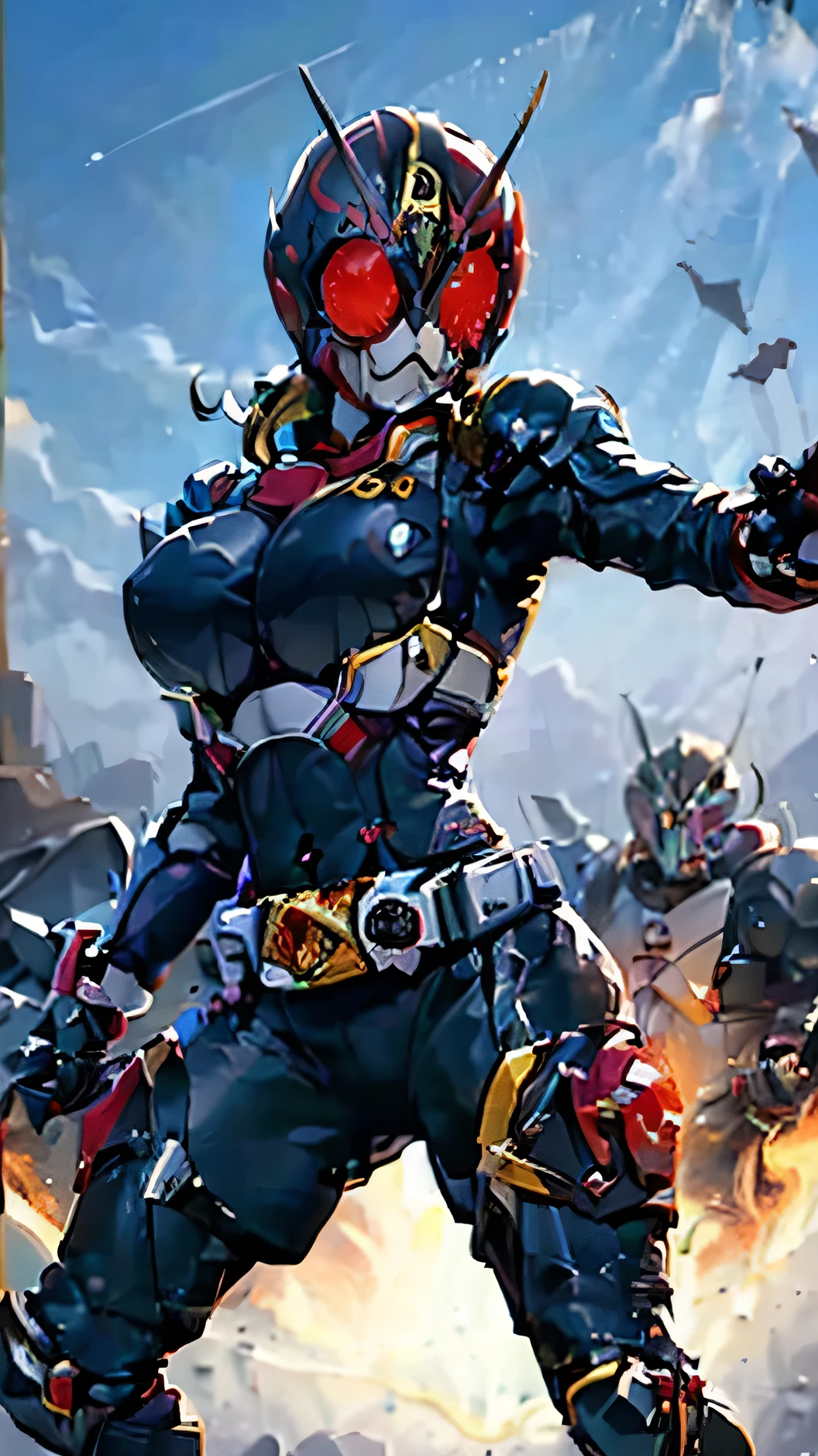 ((masterpiece,best quality)), absurdres, Kamen_Rider_Black_RX, 1girl,solo, mature female,large breasts,smiling, looking at viewer, cowboy shot, cinematic composition, dynamic pose,golden belt,glowing eyes full body shot