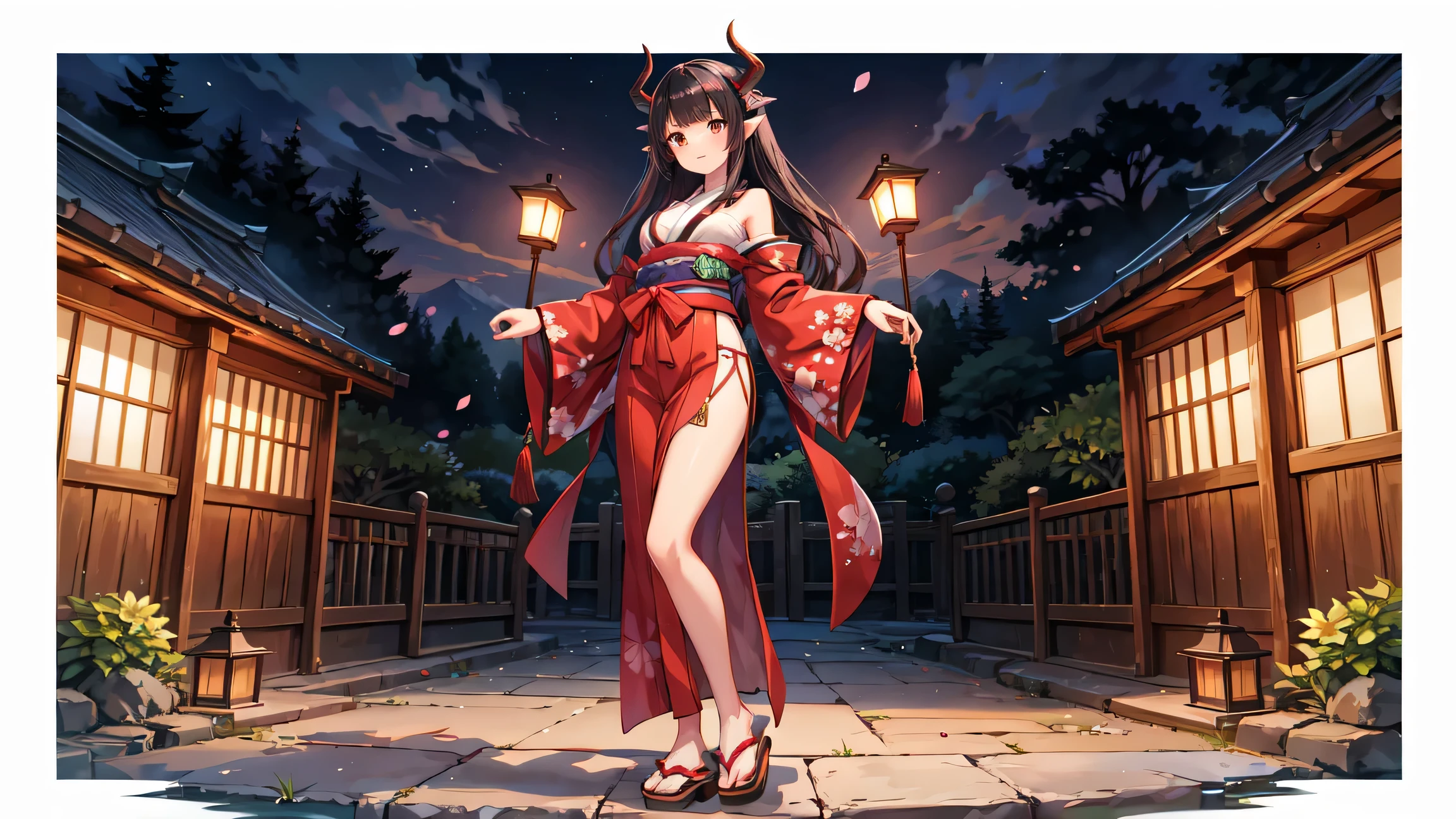 "A seductive succubus with long black hair, brown eyes, and fair skin. She has a slender and graceful figure, purple horns, and red bat wings. She is wearing a traditional kimono in red and black with floral patterns, featuring a high slit. Her wide obi has intricate knots, and she is wearing wooden sandals with traditional Japanese decorations. The succubus occupies most of the frame, standing prominently. The background is a Japanese garden at night with cherry blossom trees and lanterns, or a traditional Japanese festival scene with stalls and lantern decorations."