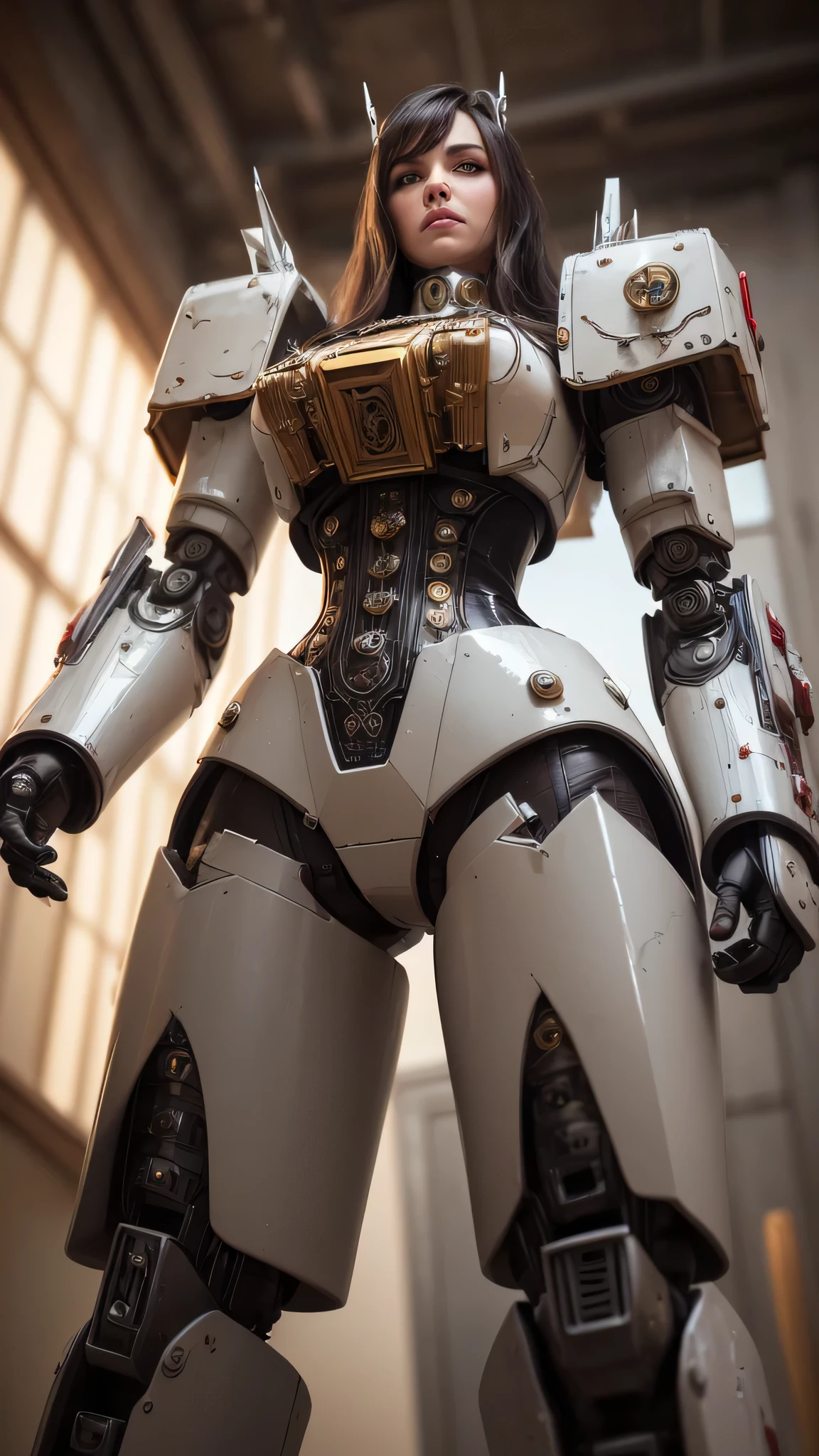 ((best quality: 1.5, masterpiece)), intricate details, soft focus, professional, real life, realistic representation of the face, dim volumetric lighting, dynamic pose, in the style of realistic and hyper detailed renderings BREAK (((2 characters, one cyberpunk steampunk girl, clockwork armor, perfectchainmail (ivory chrome armor:1.4, background red white mecha, mechanical robot, weapons, Warhammer Dreadnaught, from below, (steampunk Transformer))))), film grain, bokeh, black background, dark empty room, photorealistic, hyper-realistic, 8K