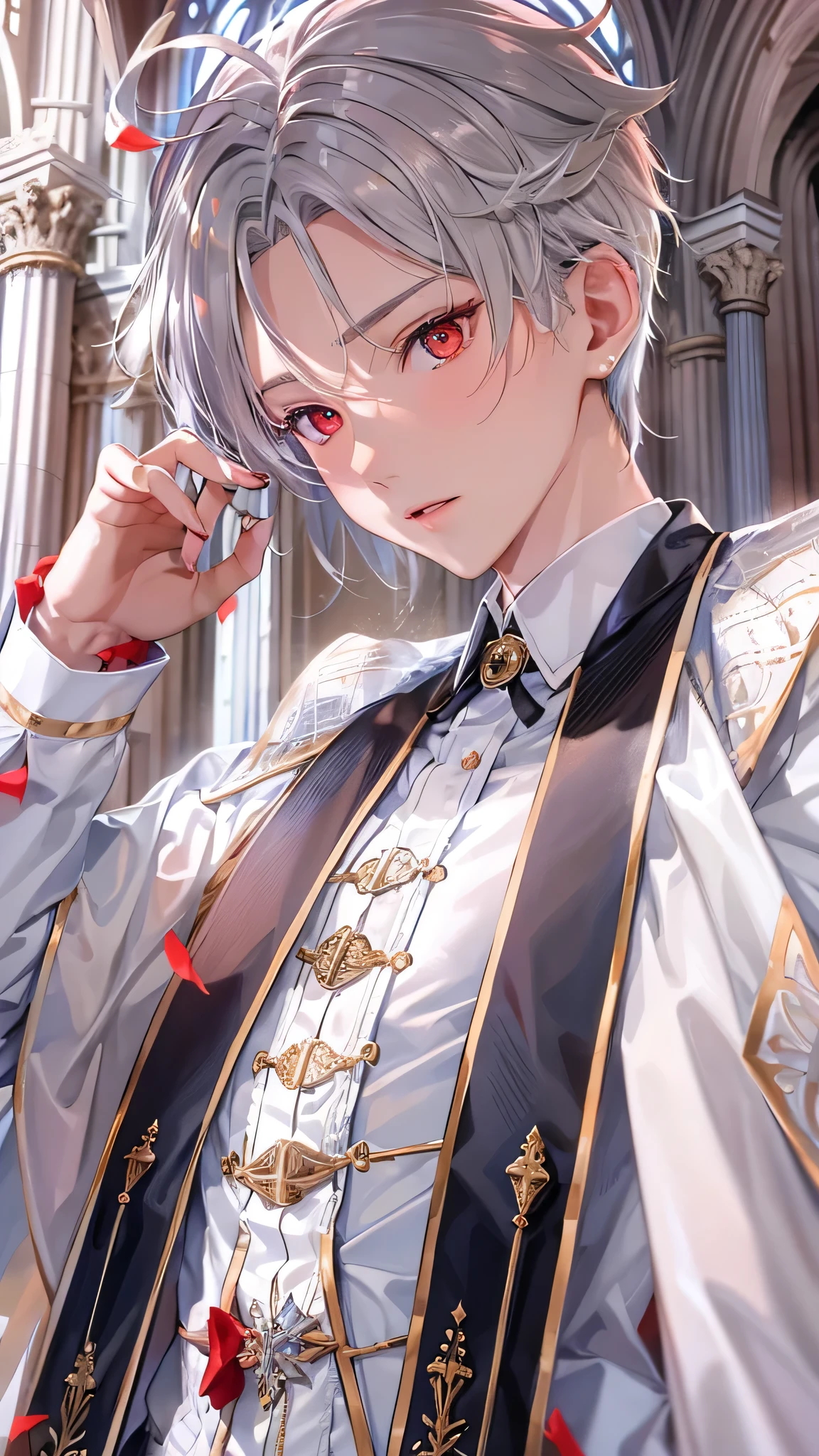 (solo silver very shorthair divine sword boy, detailed red eyes, soft smile), ((16 yo)), (in a butler uniform), (in the beautiful Cathedral), perfect anatomy, masterpiece, best quality, 8k, beautiful detailed grow, daydreaming expression.