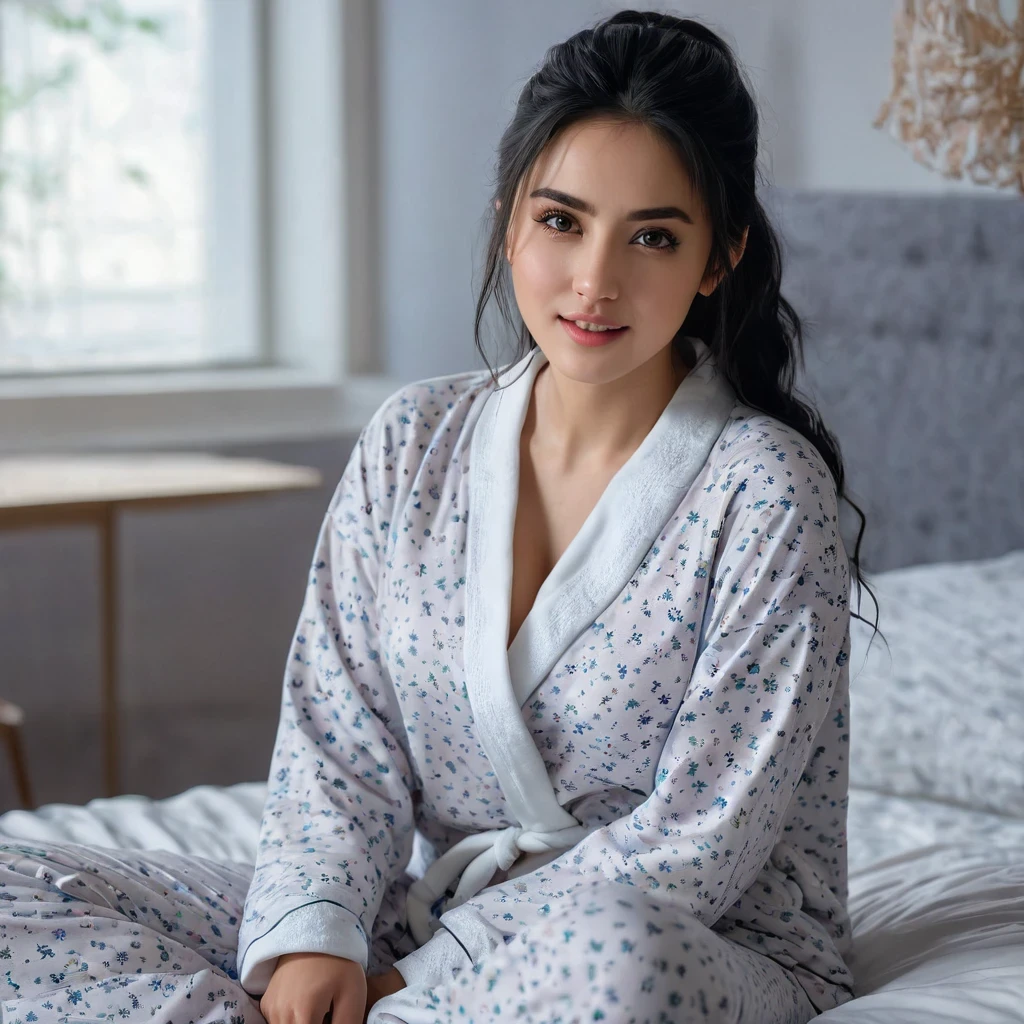 best quality, masterpiece, ultra high res, 8K, raw, (photo realistic:1.4), physically-based rendering, depth of field, looking at viewers, slender, (sitting:1.1), in the bed room, detailed beautiful face, 1 girl, cute, young, nose blush, big black eyes, open mouth, tiny breasts, black hair, detailed clothes, (pajamas:1.3), no shoes ,pureerosface_v1,
