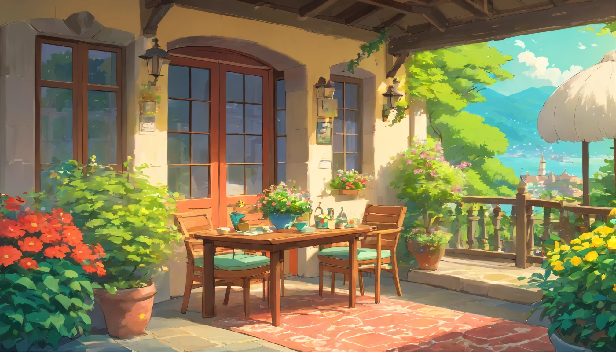 Picture of a patio with a table, Chair, Potted plants, Beautiful terrace, Cute style garden, Flowered cottage, Beautiful Home, Colorful flowers and plants, Beautiful garden, Green Terrace, Lush chic gardens, Lush outdoor flowers, Outdoor Design, Window with flower box, Balcony plants, Flower Environment, Beautiful plants, Realistic garden, Relaxing environment, 4K HD,, Beautiful Art UHD 4K, Beautiful artwork illustration, Beautiful digital painting, Highly detailed digital painting, Beautiful digital art, Detailed painting 4k, Highly detailed digital painting, Rich, picturesque colors, Gorgeous digital painting, not human