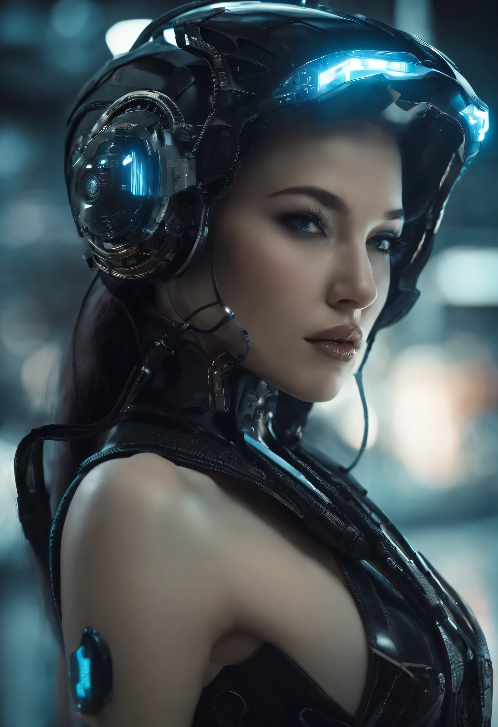 beautiful cyberpunk girl wearing a futuristic head mounted display,  (finely detailed skin), pale skin, (in a deep neckline highly detailed sexy futuristic cyberpunk no clothes, cybernetics, japanese words with a flare effect, beautiful epic composition, futuristic, masterpiece, sensual, appealing, posing for a photo