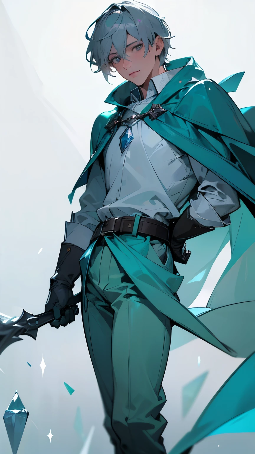 A young man, ice sorcerer, wearing a cloak made of crystal, white shirt, green pants, gloves, belt, and boots. Gray hair, gray eyes.

The prompt is: "A young man, ice sorcerer, wearing a cloak made of crystal, white shirt, green pants, gloves, belt, and boots. Gray hair, gray eyes. (best quality, 4k, highres, masterpiece:1.2), ultra-detailed, (realistic, photorealistic, photo-realistic:1.37), HDR, UHD, studio lighting, extreme detail description, professional, vivid colors, bokeh, portraits, icy blue color palette, ethereal lighting."