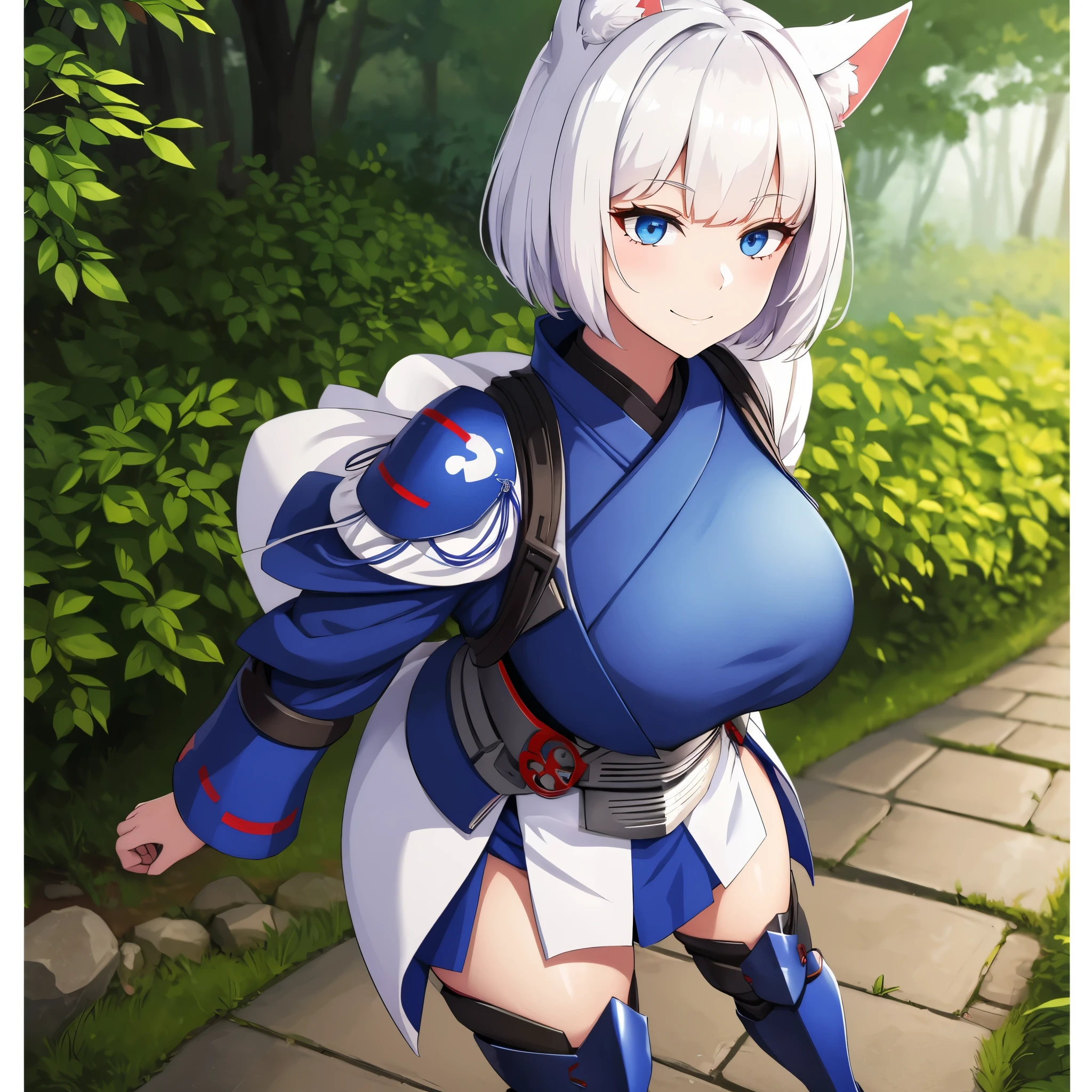 Short white hair, blue eyes, kitsune ears, wearing dark blue samurai armor, samurai bracelet, samurai boots, smiling, walking on a Japanese sidewalk in a forest, with fog,, 8k, super detail, ccurate, best quality, 8k, highres, high details, anatomically correct, UHD, bokeh effect, (Kaga_azur lane), (solo woman)
