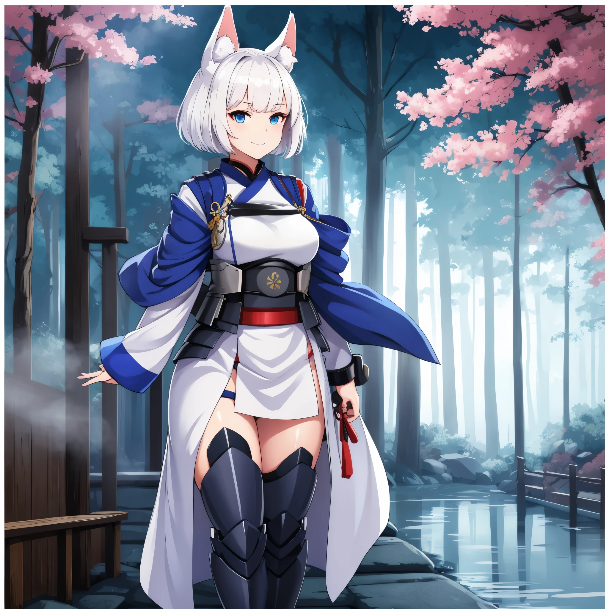 Short white hair, blue eyes, kitsune ears, wearing dark blue samurai armor, samurai bracelet, samurai boots, smiling, walking on a Japanese sidewalk in a forest, with fog,, 8k, super detail, ccurate, best quality, 8k, highres, high details, anatomically correct, UHD, bokeh effect, (Kaga_azur lane), (solo woman)
