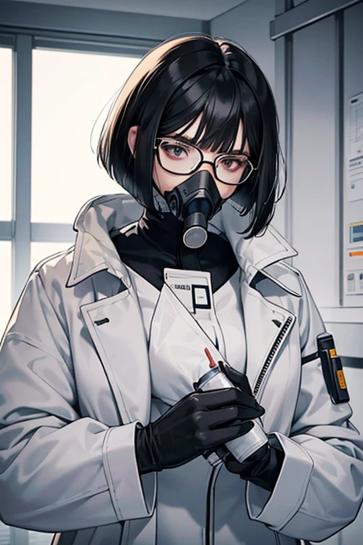 A mature woman with black hair, bob cut and glasses wearing a white coat, wearing a black enamel catsuit, black enamel gloves, a gas mask and a syringe in her hand, looking down coldly in a hospital room