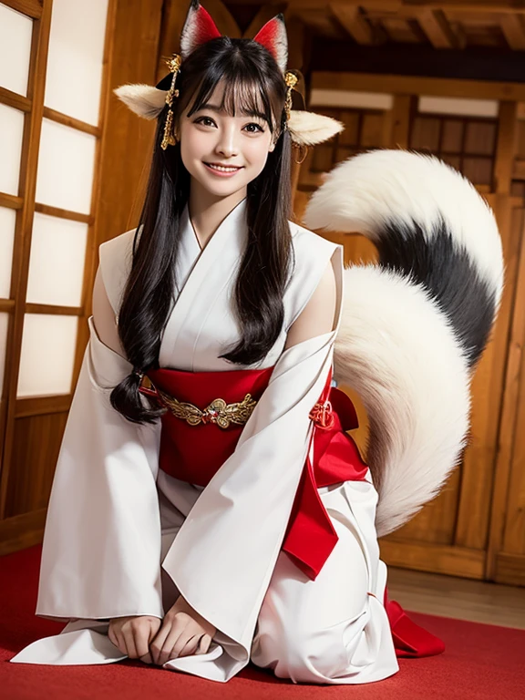 ((highest quality, 32k)), ((masterpiece)), (Familiar), Perfect Face, vixen, Pretty girl, Company Office, Has a tail, She has a northern fox tail., She stands up her fluffy tail, Dog collar, Beautiful hip line, She is wearing a shrine maiden outfit., A big tail sticks out, smile, Climb on all fours, Nice body