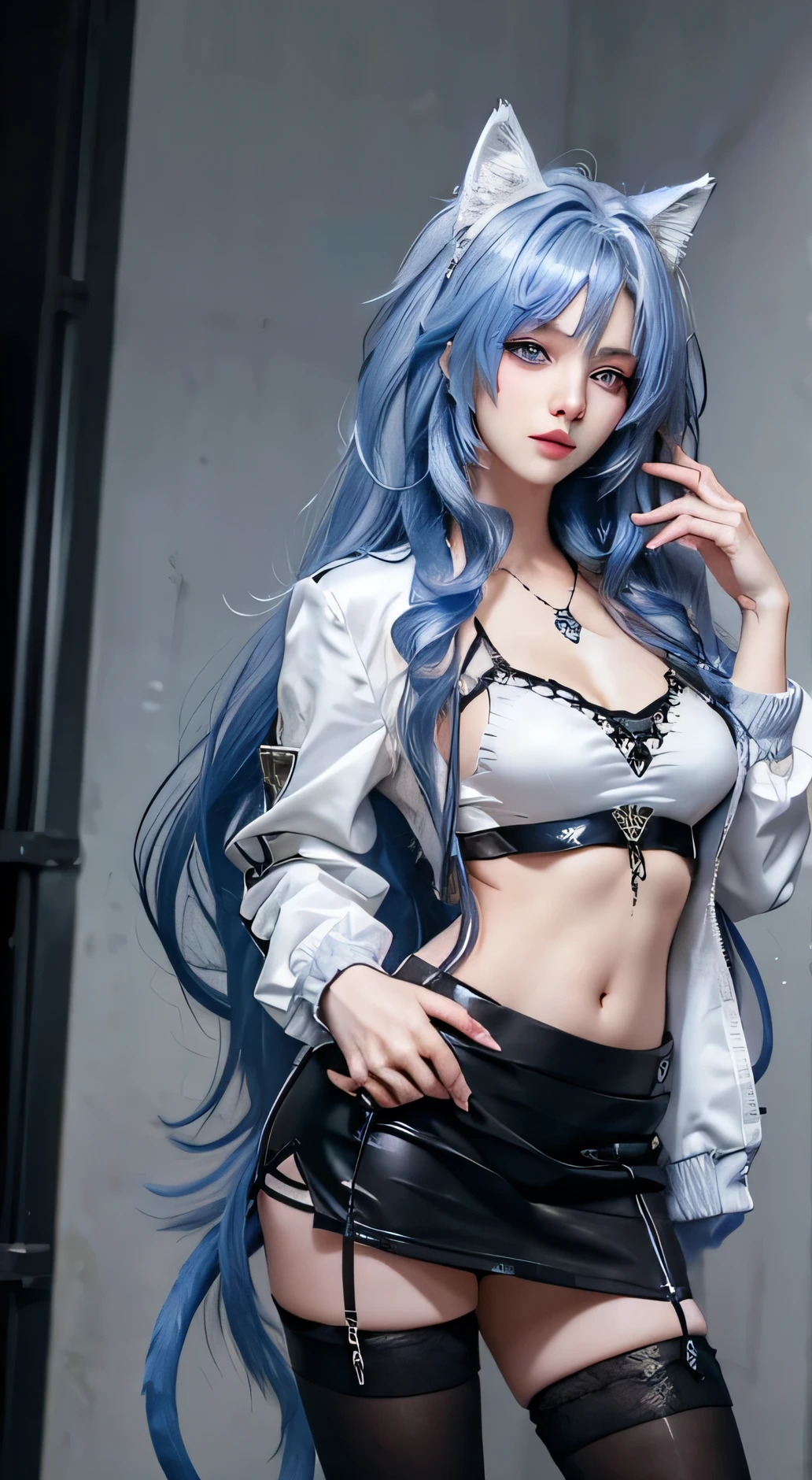 Photorealistic, high resolution, 1 woman, Hips up, Beautiful eyes, Long hair, ringed eyes, jewelry, tattoo, outfit-Blaze, cat ears, white bra, white jacket, black skirt, thigh highs, blue eyes, back view