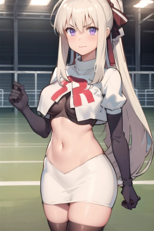 indoor, arena,
rinne_bj, 1girl, long hair, looking at viewer, breasts, purple eyes, ahoge, v-shaped eyebrows, medium breasts, ribbon, hair ribbon, very long hair, ponytail, bangs, hair between eye, team rocket,team rocket uniform,white skirt,red letter R,crop top,black thigh-highs,black elbow gloves