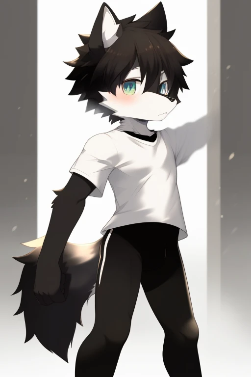 Furry wolf,((Shota)), black spandex tights, white shirt, solo, standing