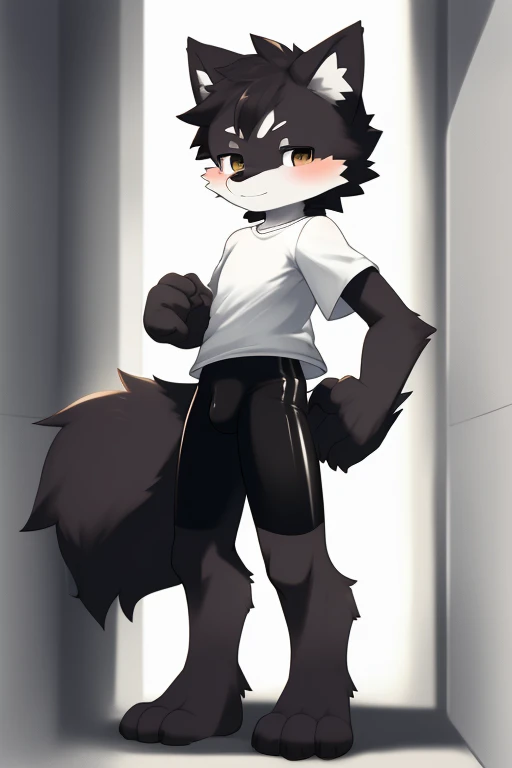 Furry wolf,((Shota)), black spandex tights, white shirt, solo, standing