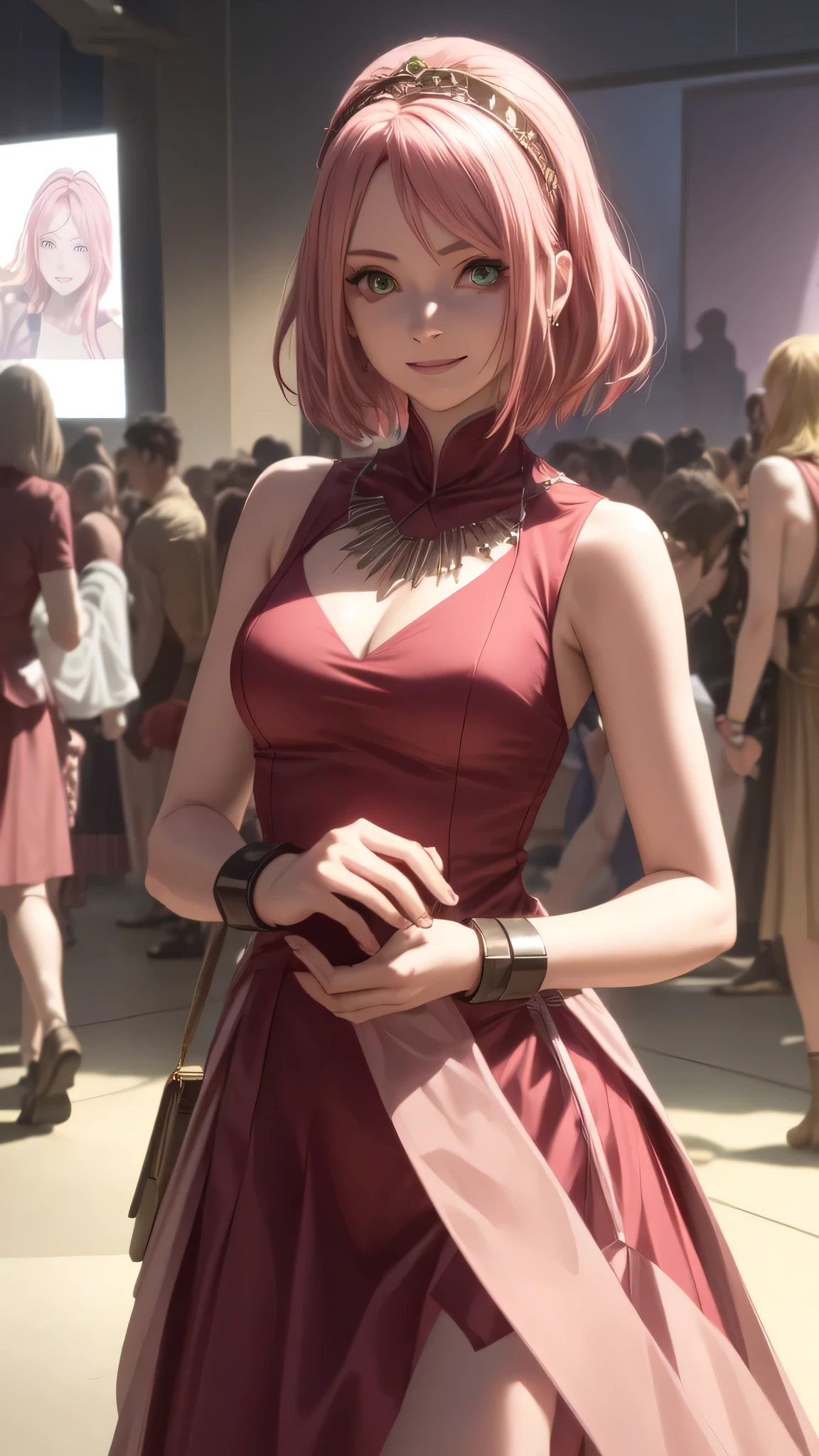 sakuraTheLast, woman, sleeveless, green eyes, pink hair, smiling face, looking at the audience, wearing a long dress, wearing a necklace, wearing a watch, being at the met gala, perfect body, perfect breasts, standing, standing perfectly, 2D, HD images, 1080p, good lighting, perfect lighting