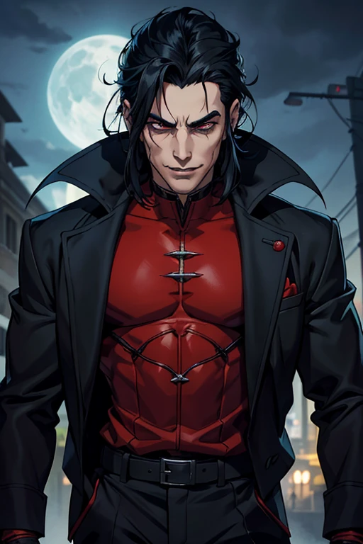 anime character com cabelo ruivo and a black jacket, com cabelo ruivo, Homem bonito de anime, personagem de anime masculino, 1 menino, Sozinho, Suoh Mikoto, projeto k, (((Vampiro))), insanidade, Malcaviano, cidade ao fundo, (noite), sorriso pretensioso, tiro de vaqueiro, dynamic lighting