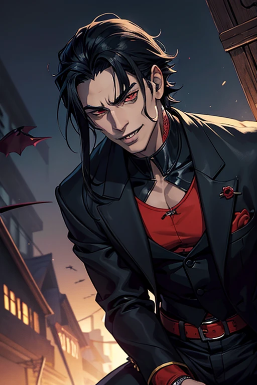 anime character com cabelo ruivo and a black jacket, com cabelo ruivo, Homem bonito de anime, personagem de anime masculino, 1 menino, Sozinho, Suoh Mikoto, projeto k, (((Vampiro))), insanidade, Malcaviano, cidade ao fundo, (noite), sorriso pretensioso, tiro de vaqueiro, dynamic lighting