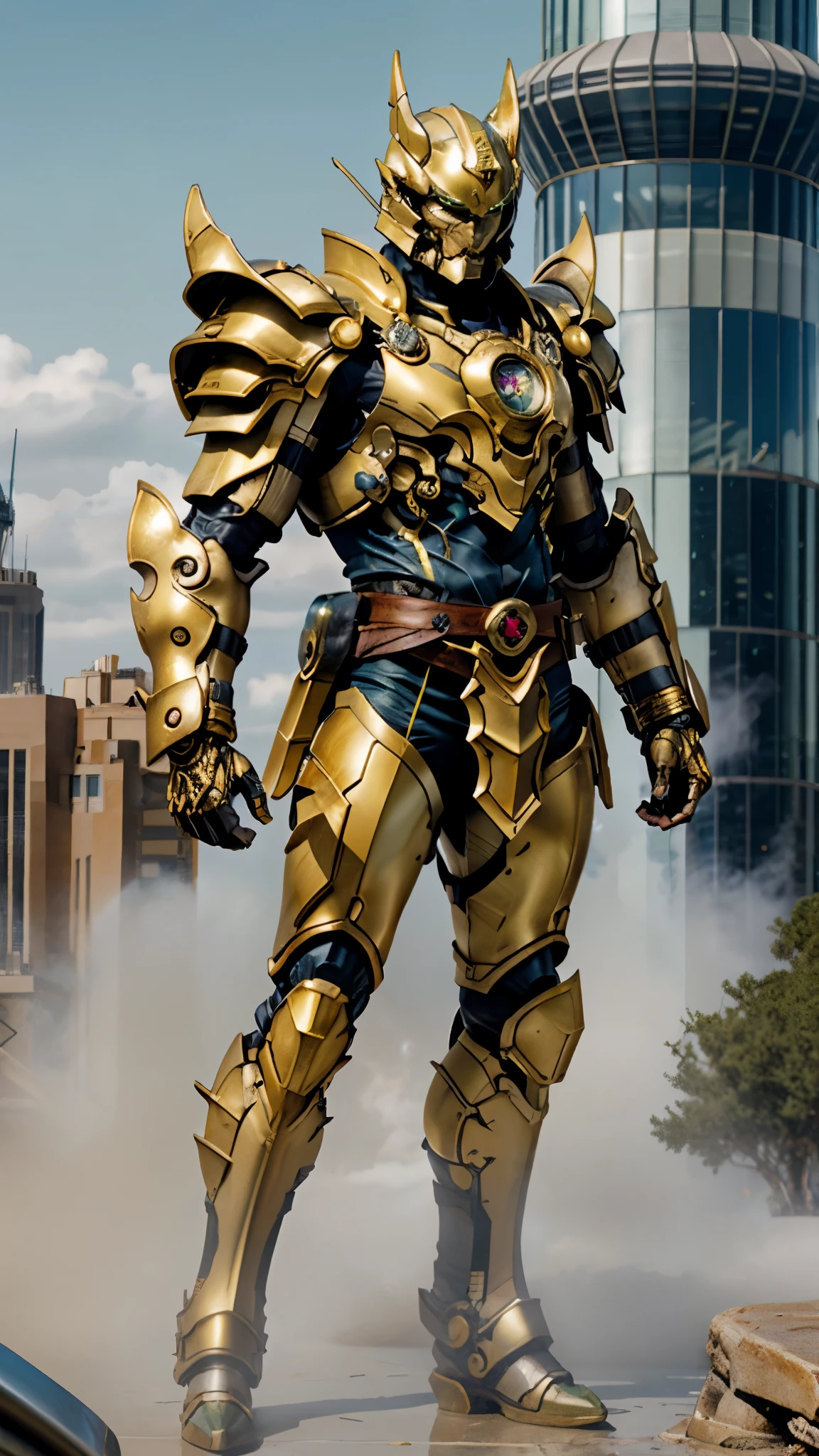 A man wearing a full-face helmet, a fantasy-style biotech armored combat suit, green eyes, (a composite layered chest armor), fully enclosed shoulder guards, matching arm and leg guards, the belt is adorned with cross, (the color scheme is primarily white with golden and blue accents), the design balances heavy with agility, a high-tech bio-mecha armor, (Armor Concept Inspired by Paladin, stand on the top of a skyscraper in a futuristic sci-fi city), this character embodies a finely crafted fantasy-surreal style armored hero in anime style, exquisite and mature manga art style, (battle damage, element, plasma, energy, the armor glows), ((male:1.5)), metallic, real texture material, dramatic, high definition, best quality, highres, ultra-detailed, ultra-fine painting, extremely delicate, professional, perfect body proportions, golden ratio, anatomically correct, symmetrical face, extremely detailed eyes and face, high quality eyes, creativity, RAW p
