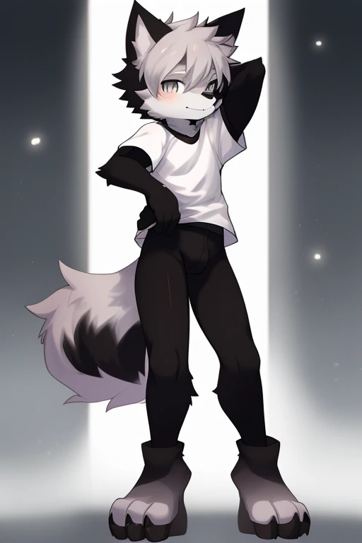 Furry wolf,((Shota)), black spandex tights, white shirt, solo, standing