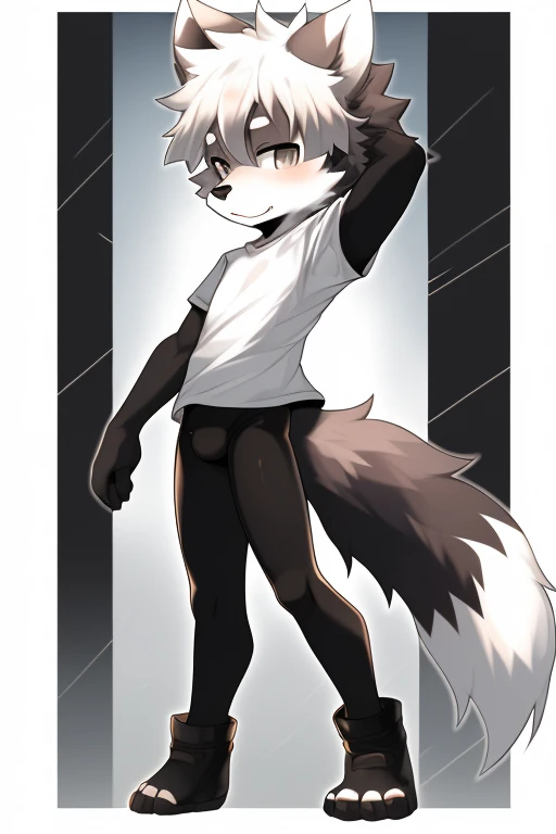 Furry wolf,((Shota)), black spandex tights, white shirt, solo, standing