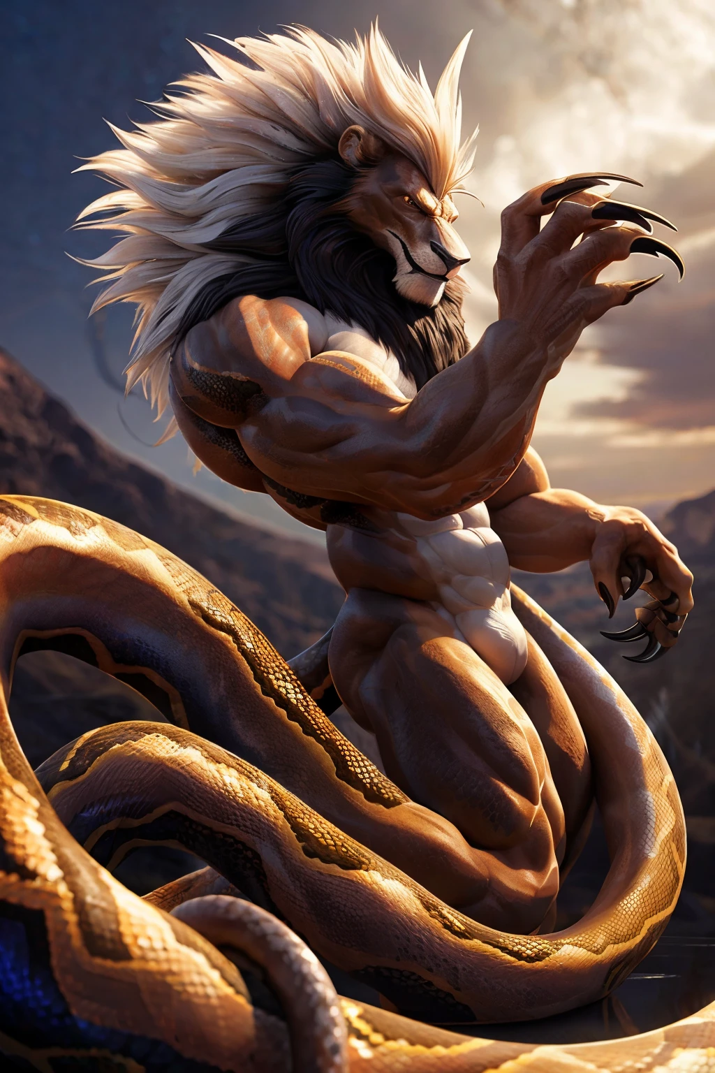 Create an extraordinary beast with a magnificent head of a lion, the muscular and agile body of a goat, and the sinuous and sleek tail of a snake. This magnificent creature, named "Loxoaspis," is rendered in 3D with exquisite detail, capturing the essence of each of its forms. Its mane, reminiscent of a majestic lion, flows gracefully in the wind, while its goat-like body showcases rippling muscle. The snake-like tail, adorned with shimmering scales, coils and uncoils with an otherworldly grace.
Painted by the acclaimed artist "PawsMcLionheart," this master