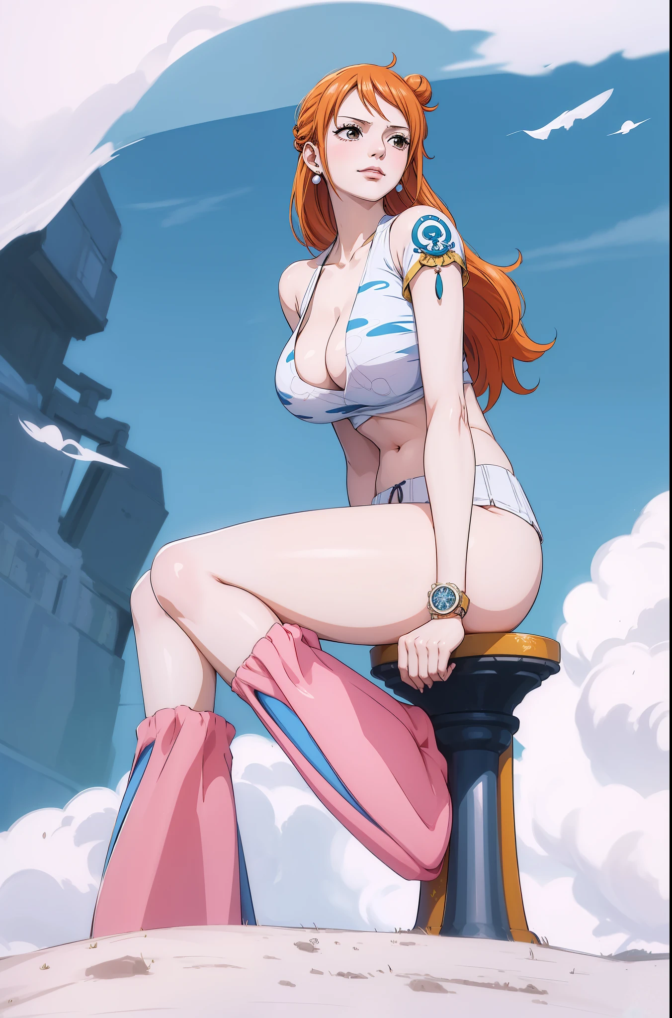 NamiFinal, Nami from the anime One Piece, orange hair, bangs, hair in a bun, beautiful, beautiful woman, perfect body, perfect breasts, wearing a kimono, wearing earrings, wearing a watch, in the park, cherry tree, traditional house japan, looking at viewer, slight smile, realism, masterpiece, textured leather, super detail, high detail, high quality, best quality, 1080p, 16k
