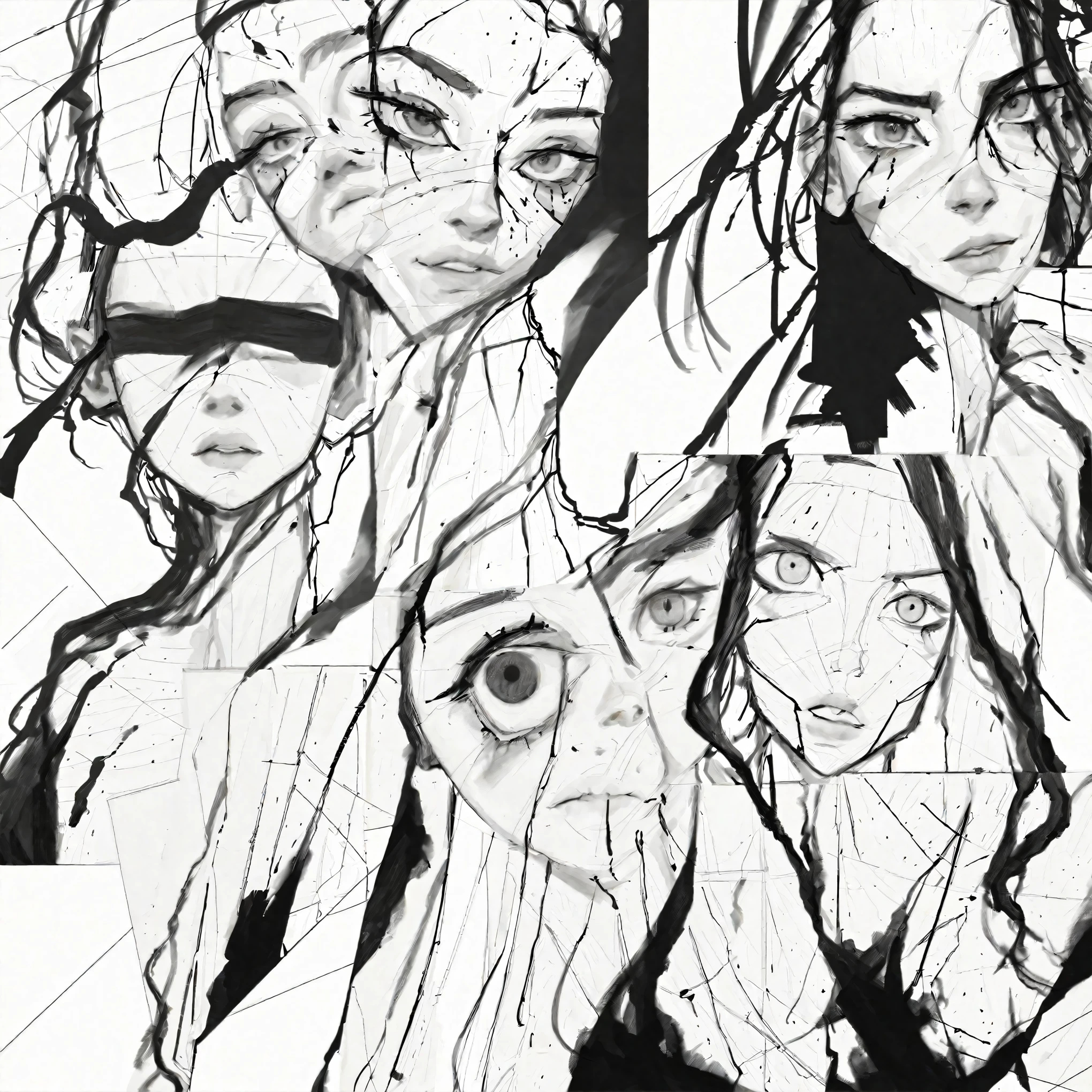 a portrait of a beautiful woman, defined black lines, simple background, white background, monochrome, line art, outline, high quality, artwork :1.4, half body portrait, sketch messy drawing, messy charcoal stains, unfinished outline, charcoal style sketchbook drawing of a woman, Symmetrical human features, symmetrical eyes, Samdoesarts Style:1.5, amazing quality, masterpiece, best quality, hyper detailed, ultra detailed, UHD, perfect anatomy