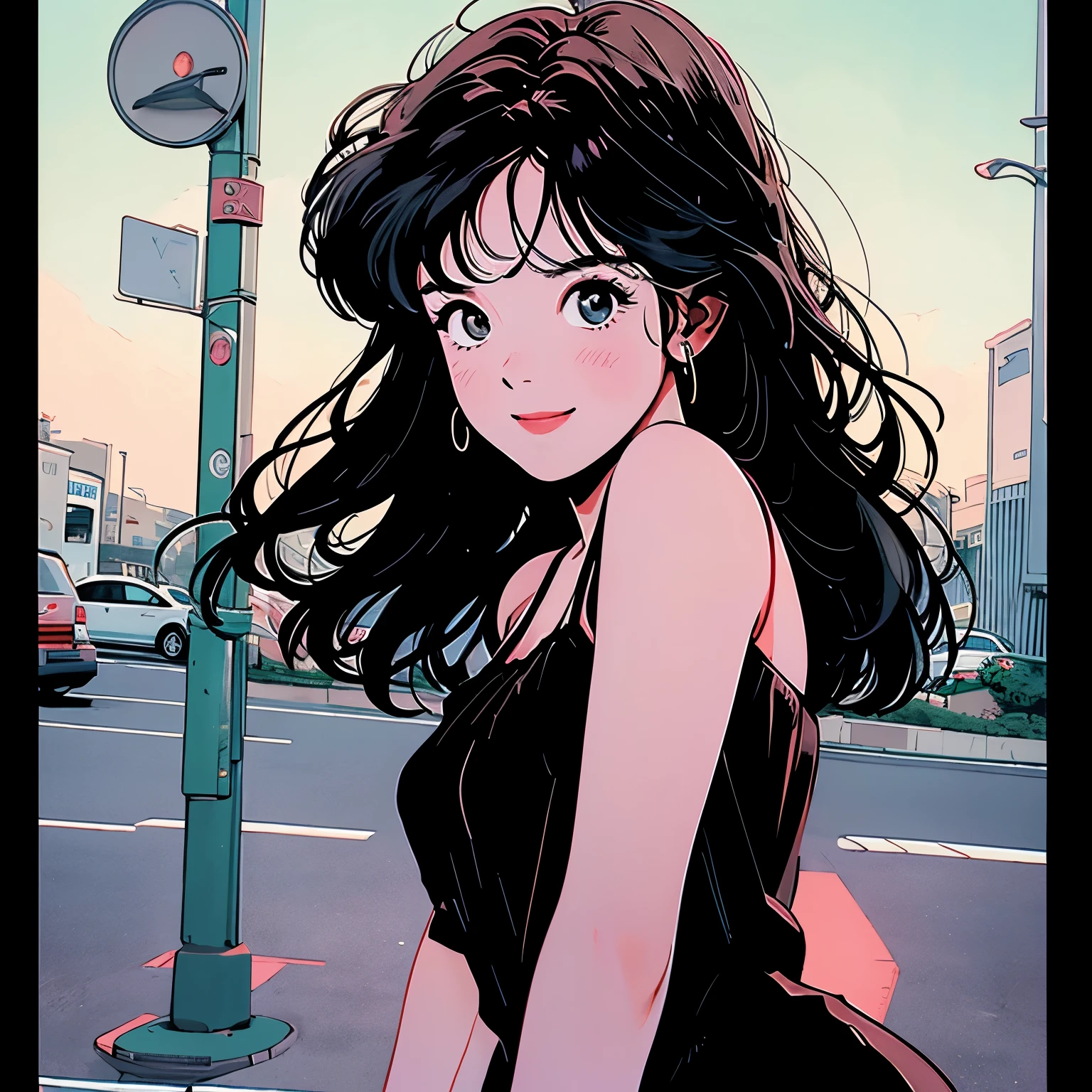 whole body, Upper Body、One beautiful woman, 4k,camisole、pedestrian crossing、Signal 、intersection、Complex background、Black Hair、Hair band、Detailed Hair、smile