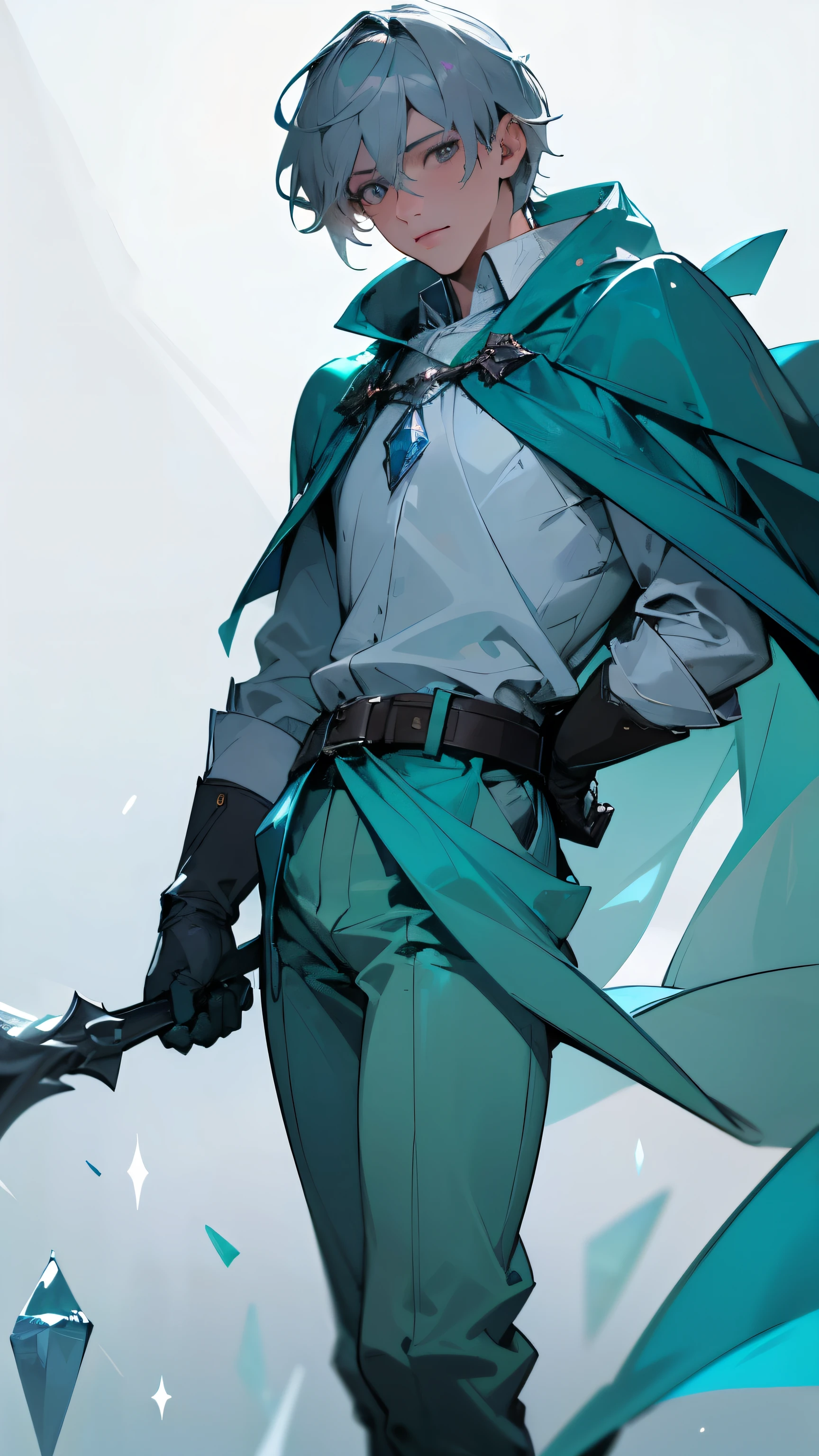 A young man, ice sorcerer, wearing a cloak made of crystal, white shirt, green pants, gloves, belt, and boots. Gray hair, gray eyes.
The prompt is: "A young man, ice sorcerer, wearing a cloak made of crystal, white shirt, green pants, gloves, belt, and boots. Gray hair, gray eyes. (best quality, 4k, highres, masterpiece:1.2), ultra-detailed, (realistic, photorealistic, photo-realistic:1.37), HDR, UHD, studio lighting, extreme detail description, professional, vivid colors, bokeh, portraits, icy blue color palette, ethereal lighting."