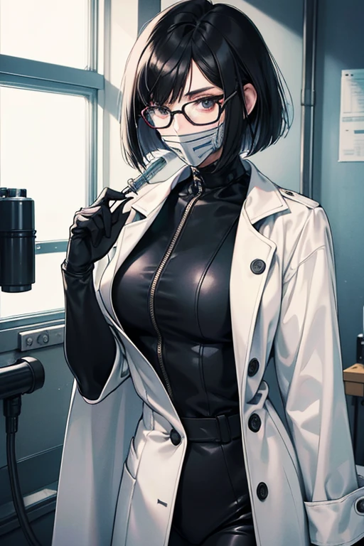 A mature woman with black hair, bob cut and glasses wearing a white coat, wearing a black enamel catsuit, black enamel gloves, a gas mask and a syringe in her hand, looking down coldly in a hospital room