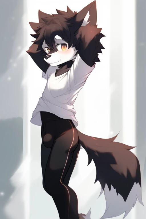 Furry wolf,((Shota)), black spandex tights, white shirt, solo, standing 