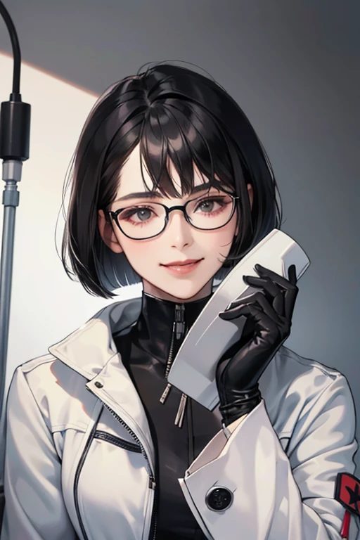 A mature woman with black hair, bob cut and glasses wearing a white coat, wearing a black enamel catsuit, black enamel gloves, a gas mask and a syringe in her hand, looking down coldly in a hospital room