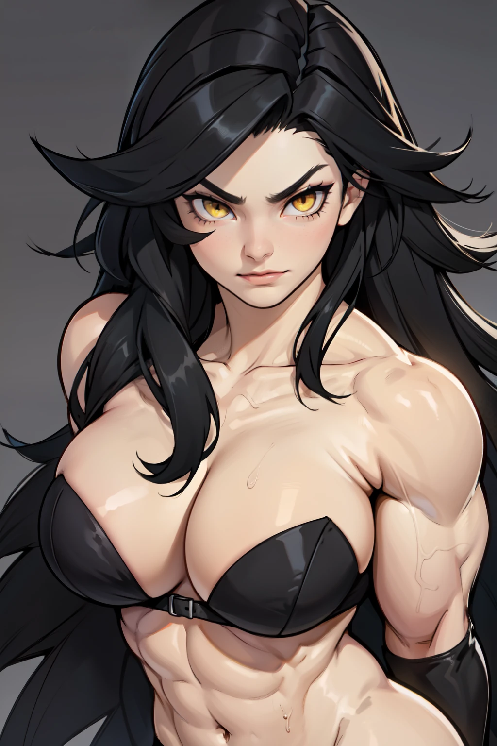 (((muscular girl))) huge breasts grey background black hair very long hair yellow eyes pale skin close up (seductive expression)