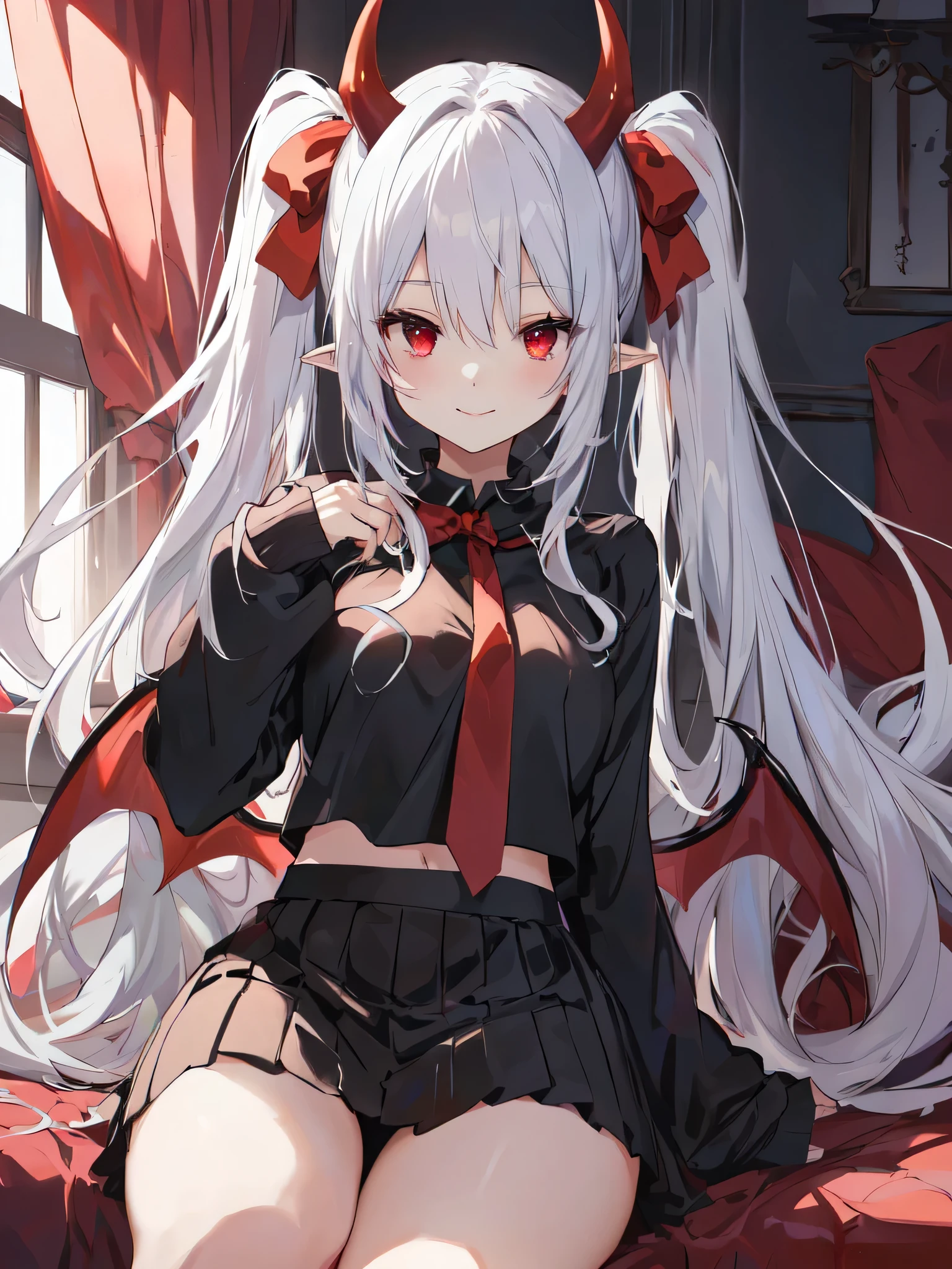 anime girl with long white hair and red bow sitting on a bed, demon anime girl, , anime moe artstyle, anime style 4 k, best anime 4k konachan wallpaper, seductive anime girl, anime girl with long hair, kantai collection style, in dress, perfect white haired girl, an anime girl, red eyes, wings, tails, vampire ears, smile
