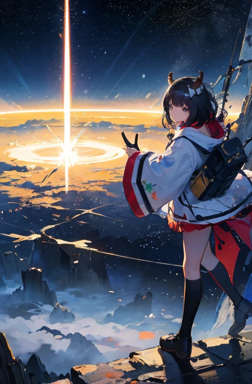 (masterpiece、highest quality、Official Art:1.2)、Look at the viewers、(Girl))、(Sacred clothing)(Black Hair)(corpse figure),christmas tree island、Rainbow fragments are scattered、(reindeer),Colorful floating starry sky、(2D:1.5)