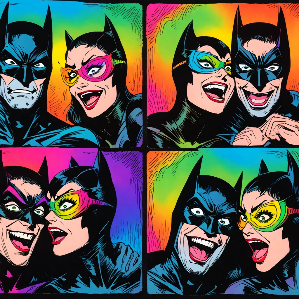 thermal iridescence effect, roygbiv vibrant neon color hues, joelle jones blended with sean gordon murphy style reference, hand drawn expressive bold ink line illustration, couple portrait, photo booth photo strip, four photo panels, duo couple Batman and Catwoman making intentionally silly faces trying to make each other laugh, containing laughter, silly, hilarious, strange, hyper maximal, intense, absurd
