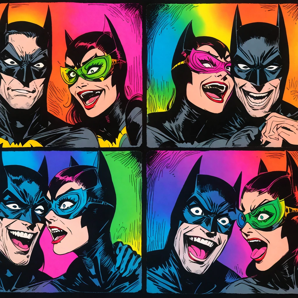 thermal iridescence effect, roygbiv vibrant neon color hues, joelle jones blended with sean gordon murphy style reference, hand drawn expressive bold ink line illustration, couple portrait, photo booth photo strip, four photo panels, duo couple Batman and Catwoman making intentionally silly faces trying to make each other laugh, containing laughter, silly, hilarious, strange, hyper maximal, intense, absurd