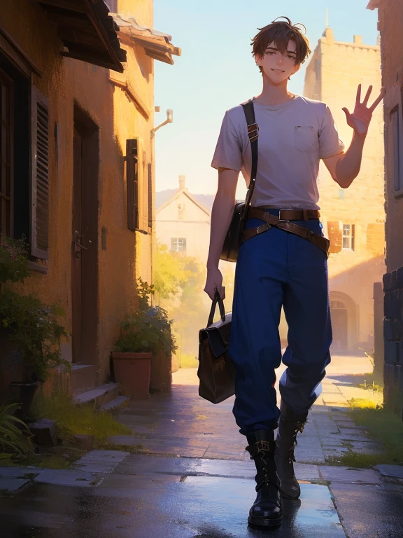 masterpiece, best quality, rpg character art, epic fantasy art style, 1 man, Aldric, 18 year old man, youthful appearance, skinny, normal build, smiling and waving to villagers, full body fantasy concept art, short dark black hair, black eyes, high detail, (common clothes, plain light brown short sleeve shirt, dark blue pants, black boots, small bag strapped across his chest), intricate details, ultra high resolution, sharp focus, HD, 8k, clear facial features, clear details, background is a vibrant village full of villagers, zoomed out view, looking away from viewer and at villagers