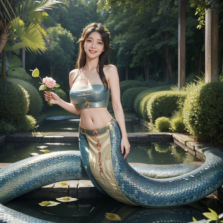 lamia, bellow waistline lamia snake tail,Giorgione painting style,Arguments of two female P、roses in vase、fruits、Cute trinkets、smile、ancient greek costume、Background is a forest lake at night 、Clothes that stretch your shoulders、A big smile、beautiful bare skin,Woman singing with sheet music