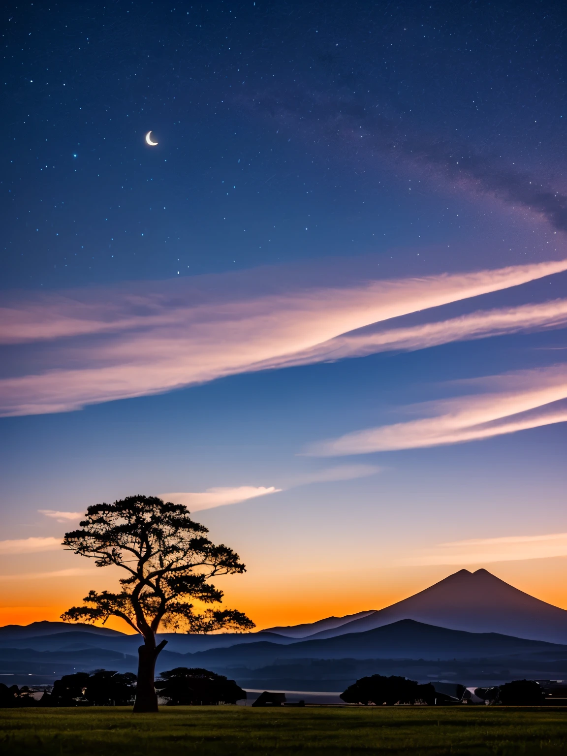 a crescent in the sky with clouds and a mountain in the background, moonlit night dreamy atmosphere, beautiful moonlight night, moonlit night sky, beautiful moonlight, moonlit backdrop, beautiful moon light, moonlit night, crescent moon in background, moonlit nightscape, night sky with moon, nighttime moonlit, moonlit sky, ✨🕌🌙