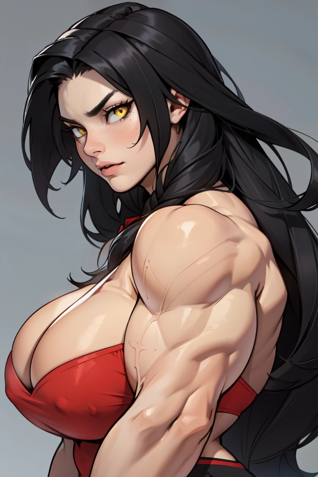 (((muscular girl))) huge breasts grey background black hair very long hair yellow eyes pale skin close up (seductive expression)